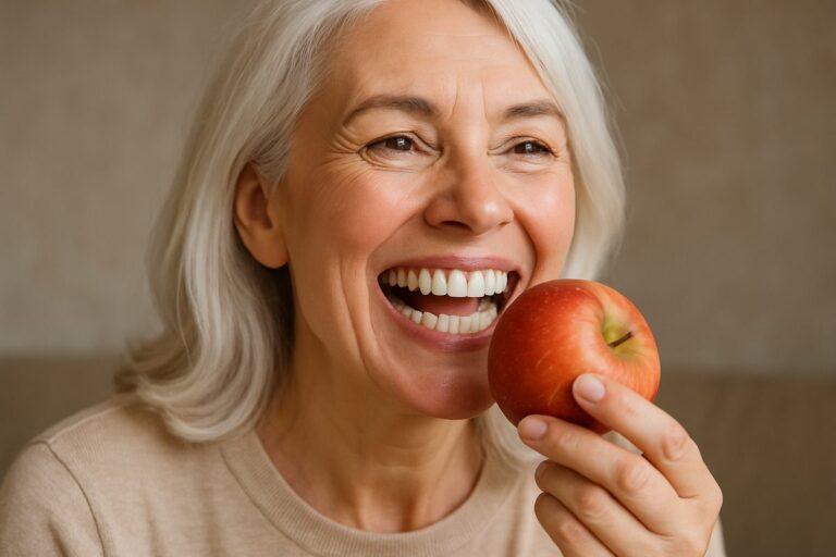 A person happily eating an apple, with dental implants visible in their smile, suggesting the long-term benefits and reliability of dental implants. No text on the image.