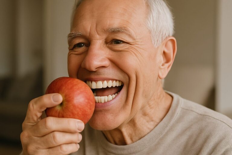 Image of a smiling senior man with a full set of implant-supported dentures, confidently eating an apple. The image should highlight the stability and natural appearance of the teeth. No text on image.