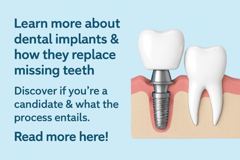 Image of a dentist smiling while consulting with a patient about dental implants, showing a scan of the patients mouth on a screen. No text on the image.