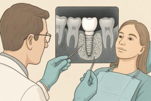 Illustration of a dentist examining a patient's X-ray showcasing a successful bone graft integration around a dental implant. The image highlights the density and stability of the bone structure. No text on the image.