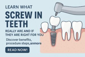 A close up shot of a dentist using a small tool to screw a dental implant into a patient's lower jawbone. No text on the image.