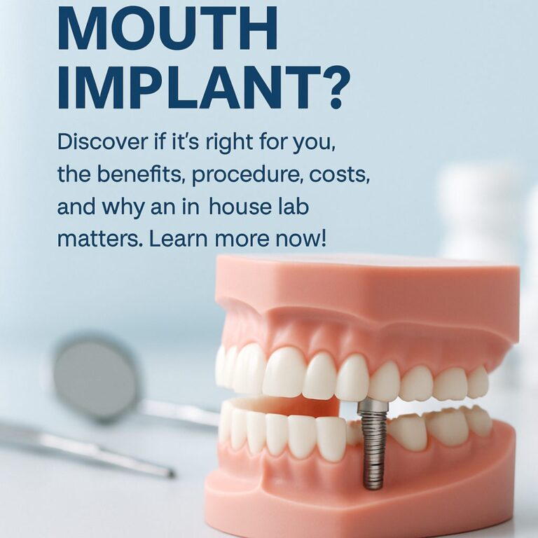 Close up image of a modern dental office, with a dentist fitting a dental implant to a patient. In the background, a dental technician works on a model in an in-house lab. No text on image.