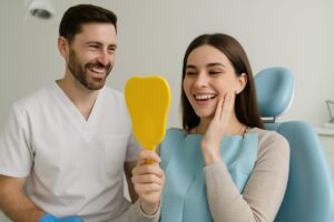Image of a dentist smiling at a patient after the "last step of dental implants" procedure. The patient is looking in a mirror admiring their new smile. No text on image.