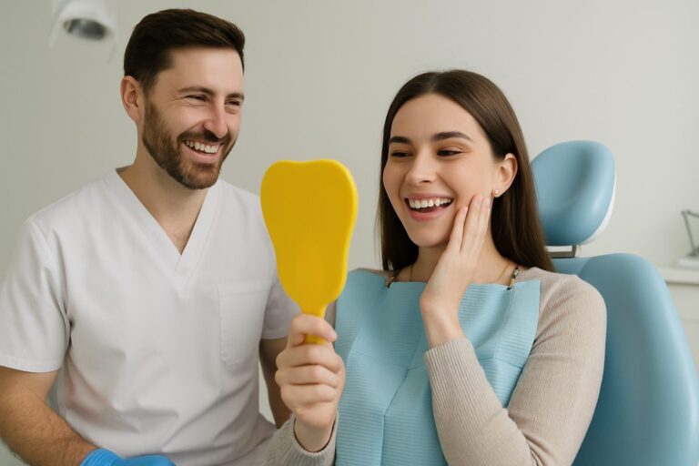 Image of a dentist smiling at a patient after the "last step of dental implants" procedure. The patient is looking in a mirror admiring their new smile. No text on image.