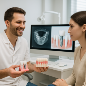 A modern dental office setting with a dentist consulting with a patient about dental implant options, using digital scans and models to explain the procedure. No text on image.