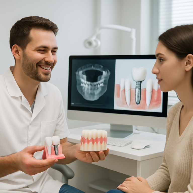 A modern dental office setting with a dentist consulting with a patient about dental implant options, using digital scans and models to explain the procedure. No text on image.