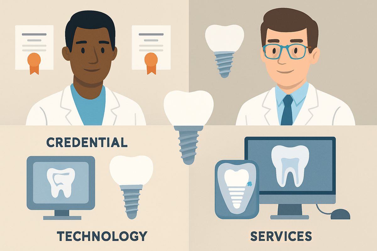An infographic comparing the credentials, technology, and services of two different dentists to help a patient choose the best option for their dental implants. No text on image.