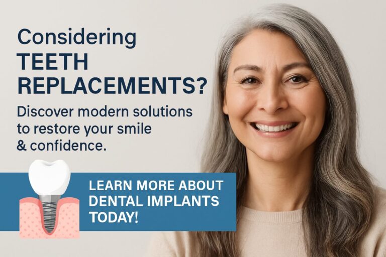 An infographic comparing three different types of "teeth replacements" being dental implants, a dental bridge, and dentures. No text on the image.
