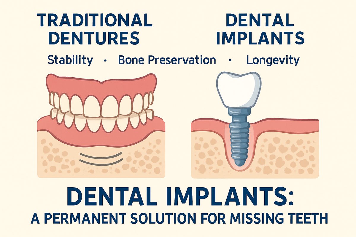An infographic comparing traditional dentures versus dental implants, highlighting the stability, bone preservation, and longevity of implants, with the text "Dental Implants: A Permanent Solution for Missing Teeth".