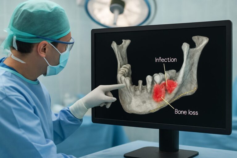 Image of a dentist in a sterile surgical setting, pointing to a 3D scan of a patient's jaw with missing teeth, with notes on the screen highlighting bone loss and infection markers. No text on image.
