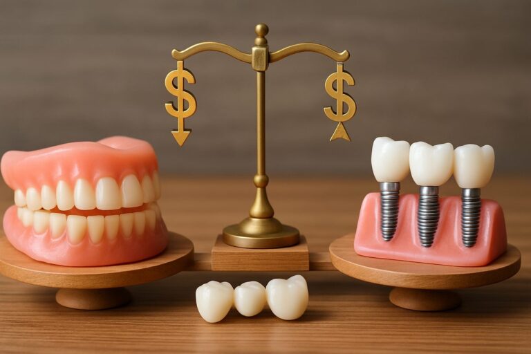 Photo of three sets of teeth, dentures, a bridge, and implants, with a scale balancing initial cost versus long-term value. No text on the image.