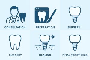 Image showcasing the five steps to a dental implant: consultation, preparation, surgery, healing, and final prosthesis. The image is split into five sections, each with an icon representing the step, and a short title. No text on the image.