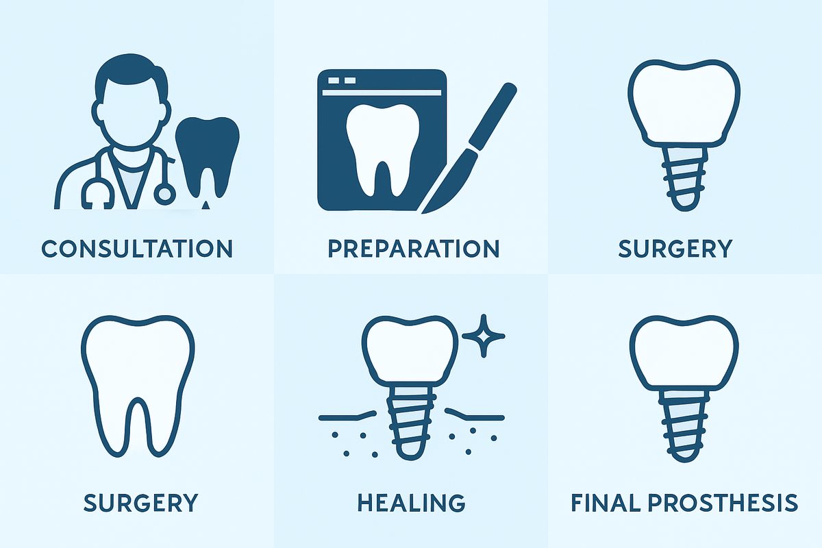 Image showcasing the five steps to a dental implant: consultation, preparation, surgery, healing, and final prosthesis. The image is split into five sections, each with an icon representing the step, and a short title. No text on the image.
