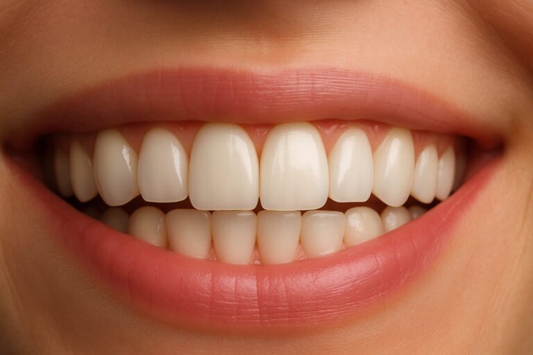 Close up of a perfect, natural looking front tooth implant, blending seamlessly with the surrounding teeth. The gums are healthy and the smile is radiant. No text on image.