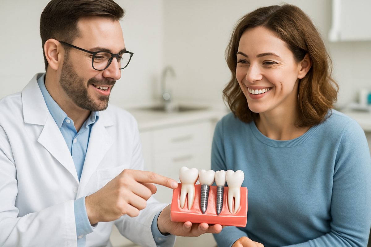 A dentist is pointing to a 3D model of teeth, with several dental implants in place, while consulting with a smiling patient.
