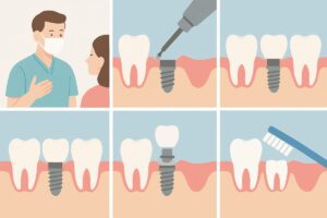 A step-by-step infographic showcasing the "steps in tooth implant" process, from initial consultation and site preparation, to implant placement, healing, abutment attachment, prosthetic fabrication, and aftercare. No text on the image.