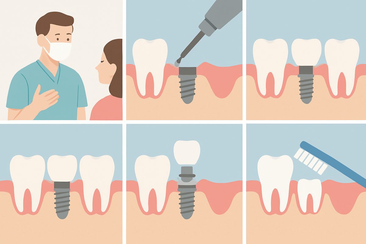 A step-by-step infographic showcasing the "steps in tooth implant" process, from initial consultation and site preparation, to implant placement, healing, abutment attachment, prosthetic fabrication, and aftercare. No text on the image.
